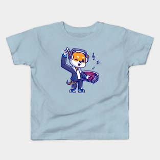 Cute Shiba Inu Dog DJ Playing Music Cartoon Kids T-Shirt